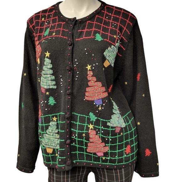 Designers Originals Studio Sweater Womens 2X Christmas Tree Ugly Holiday Beaded - Picture 1 of 13